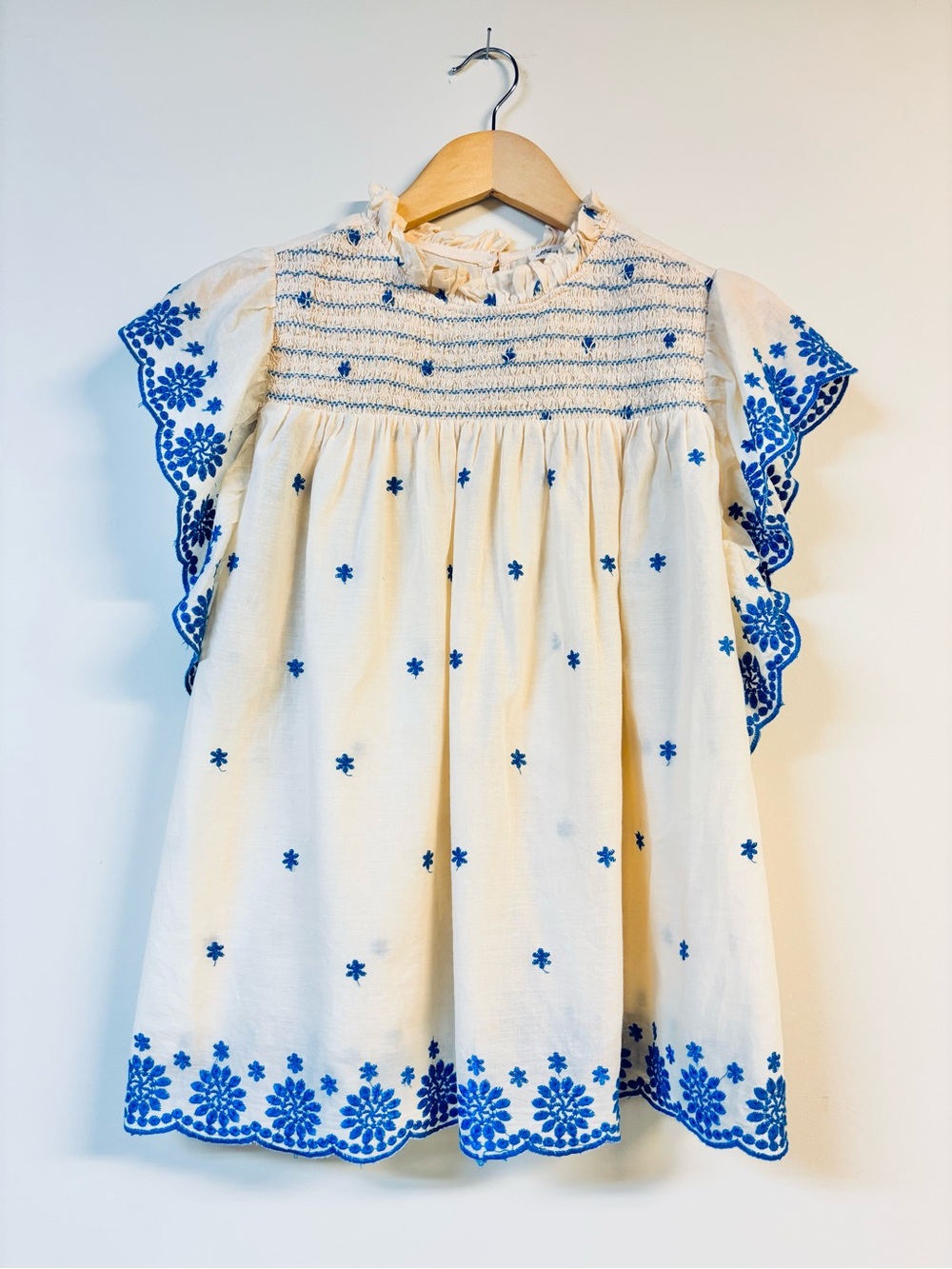 Ultra Pink Blue & Cream Bohemian Floral Embroidered Blouse Small